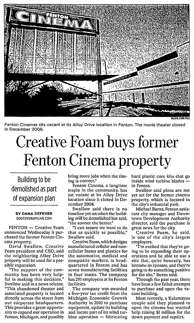 Fenton Cinema - 2013 Article On Sale To Creative Foam